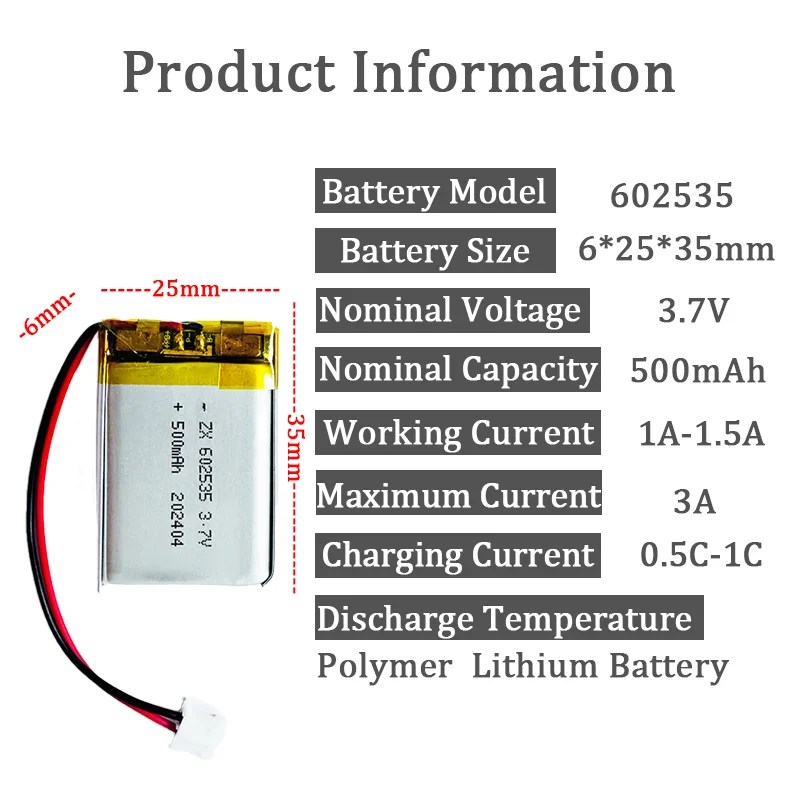 3.7V 500mAh 602535 Lipo Polymer Lithium Rechargeable Battery JST PH 2.0mm 2pin For GPS DVD Bluetooth Recorder Headset Camera