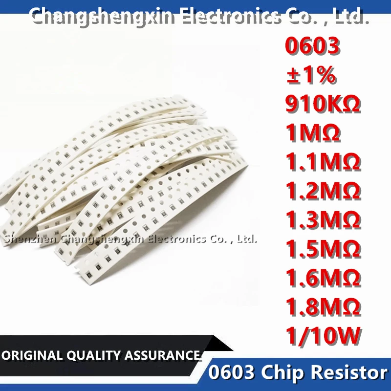 Résistance à puce SMT 100, tolérance ± 0603 02/10/2018 910KΩ 1MΩ 1.1MΩ 1.2MΩ 1.3MΩ 1.5MΩ 1.6MΩ 1.8MΩ Ohm 1/10W 1% W, 0.1 pièces