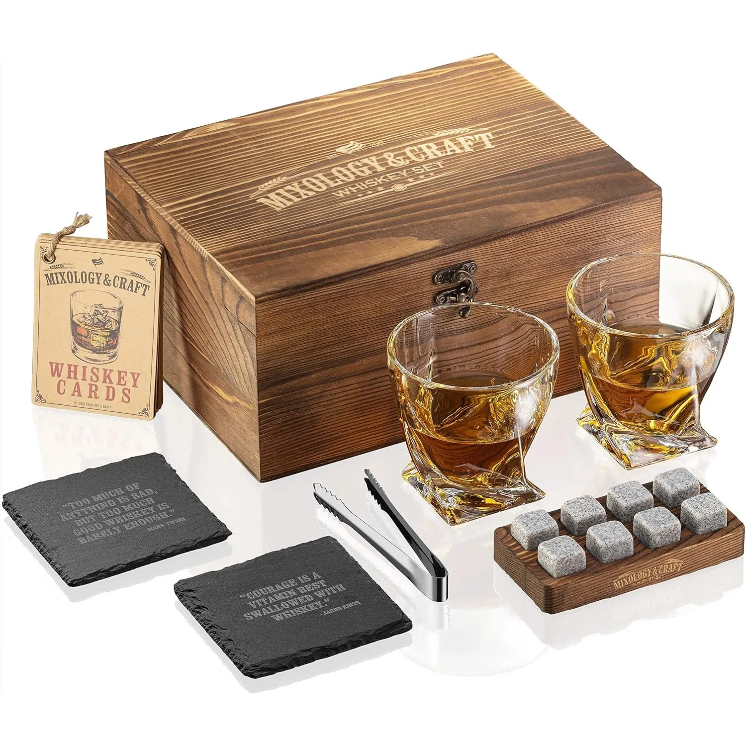 Whiskey Stones Set For Men 10 oz Whiskey Glasses With 8 Granite Chilling Rocks Metal Tong Cocktail Cards Wooden Box 2 Coasters