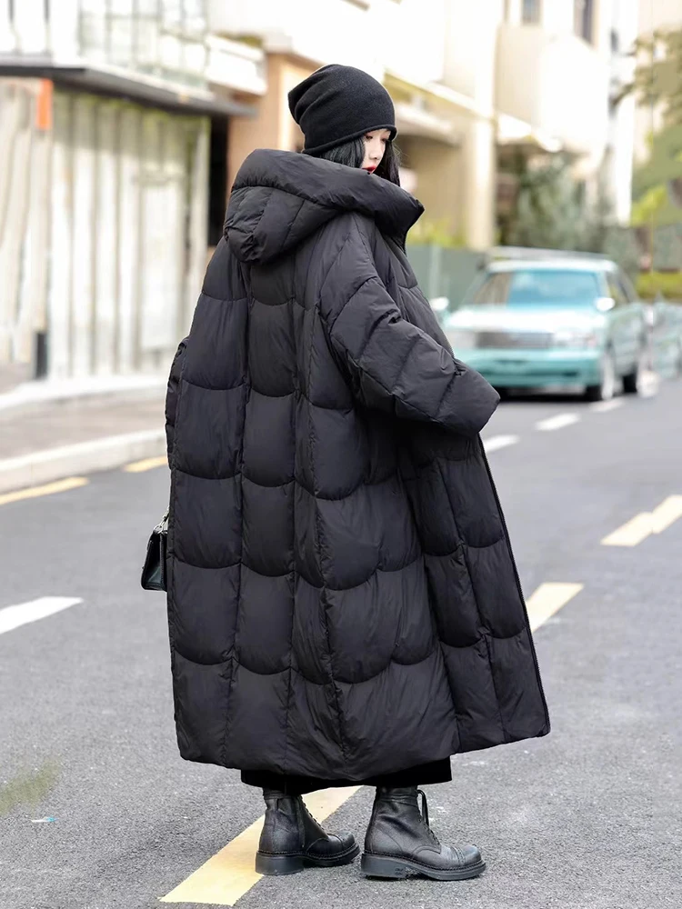 الشتاء مقنعين طويلة كبيرة الحجم أسفل سترة الإناث الدافئة باركر طول الركبة أبلى المرأة الأبيض بطة أسفل مزدوجة سستة أسفل سترة #4