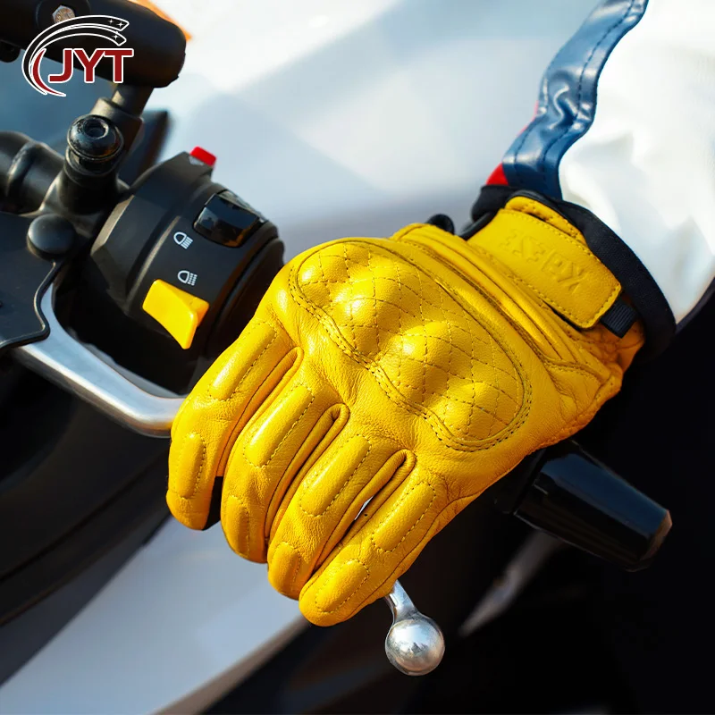 Leather Gloves Motorcycle Retro Yellow Motocross Gloves Touchscreen Goatskin Bicycle Riding Gloves Men Women Fist Joint Protect