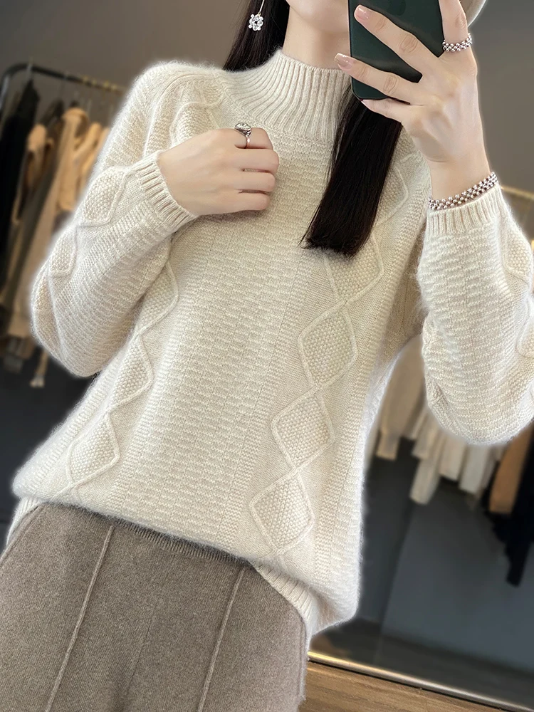 

2024 New Autumn Winter Women Sweater Mock Neck 100% Pure Mink Cashmere Pullovers Knitwear Thick Warm Fashion Jumpers Clothing