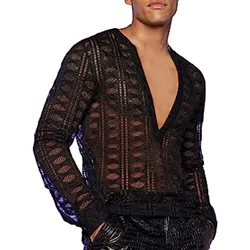 Men'S Hollowed Out Lace Sexy Deep V Neck T Shirt Men'S Mesh Nightclub Style Sexy Long Sleeved Top For Men Undershirt Clubwear