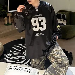 Mens Pullover American Digital Printing Sporty Long-Sleeved Retro Jersey T-Shirts Smooth Loose Fit Couples Tops Unisex Autumn