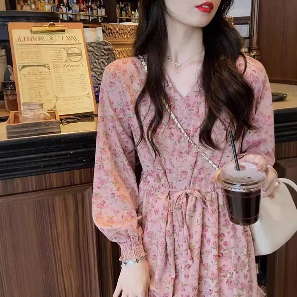 ربيع 2025 جديد الوردي الأزهار الشيفون الدكتور عطلة الشاطئ تنورة طويلة التخسيس لينة الرياح استراحة الشاي الفرنسية Sle عالية الخصر ألف لين...