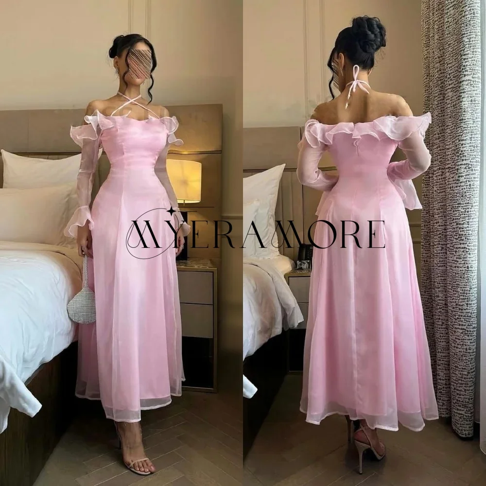 فساتين سهرة وردية عصرية مكشوفة الكتف وأكمام طويلة بطول الكاحل فساتين حفلات مخصصة رداء السهرة