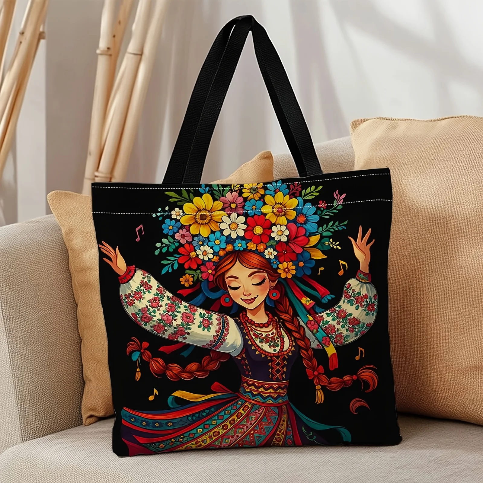 1pc Ukrainian Dancer Floral Wreath Tote Bag - Traditional Costume Design with Vibrant Floral Patterns, Durable Canvas