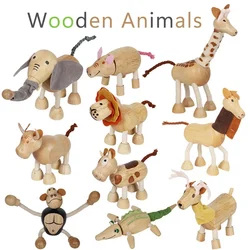 Wooden Action Toy Figures Simulation Animal Movable Joint Model Doll Elephant Monkey Giraffe Lion Educational Toys For Children