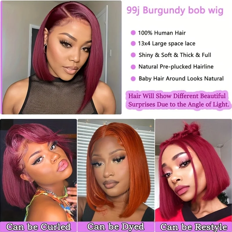200% Density 13x4 Lace Front Human Hair Wigs 99J Colored Glueless HD Transparent Burgundy straight Lace Frontal Wig