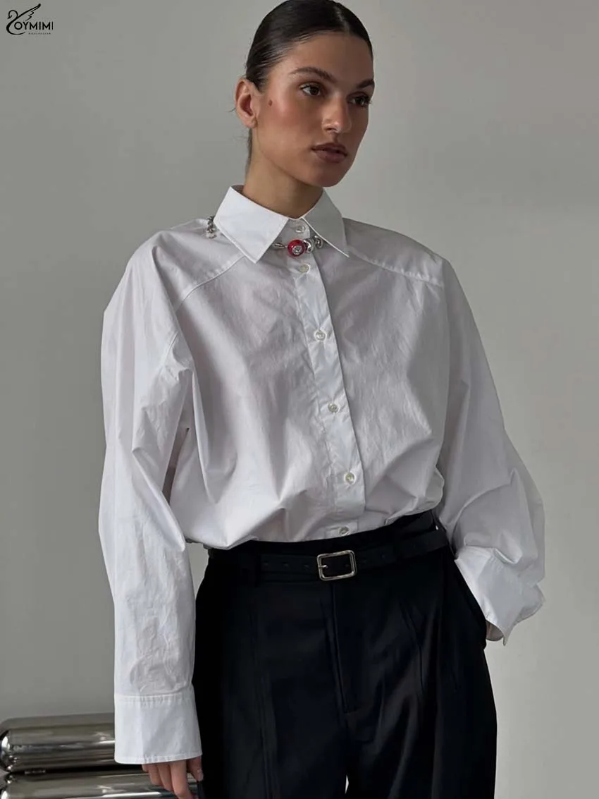 

Oymimi Elegant White Cotton Blouses For Women Fashion Turn-Down Collar Long Sleeve Shirts Casual Single Breasted Solid Blouses