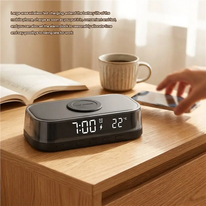 B04C-Wireless 15W Multi-Function Desktop Wireless Clock Alarm Thermometer Night Light