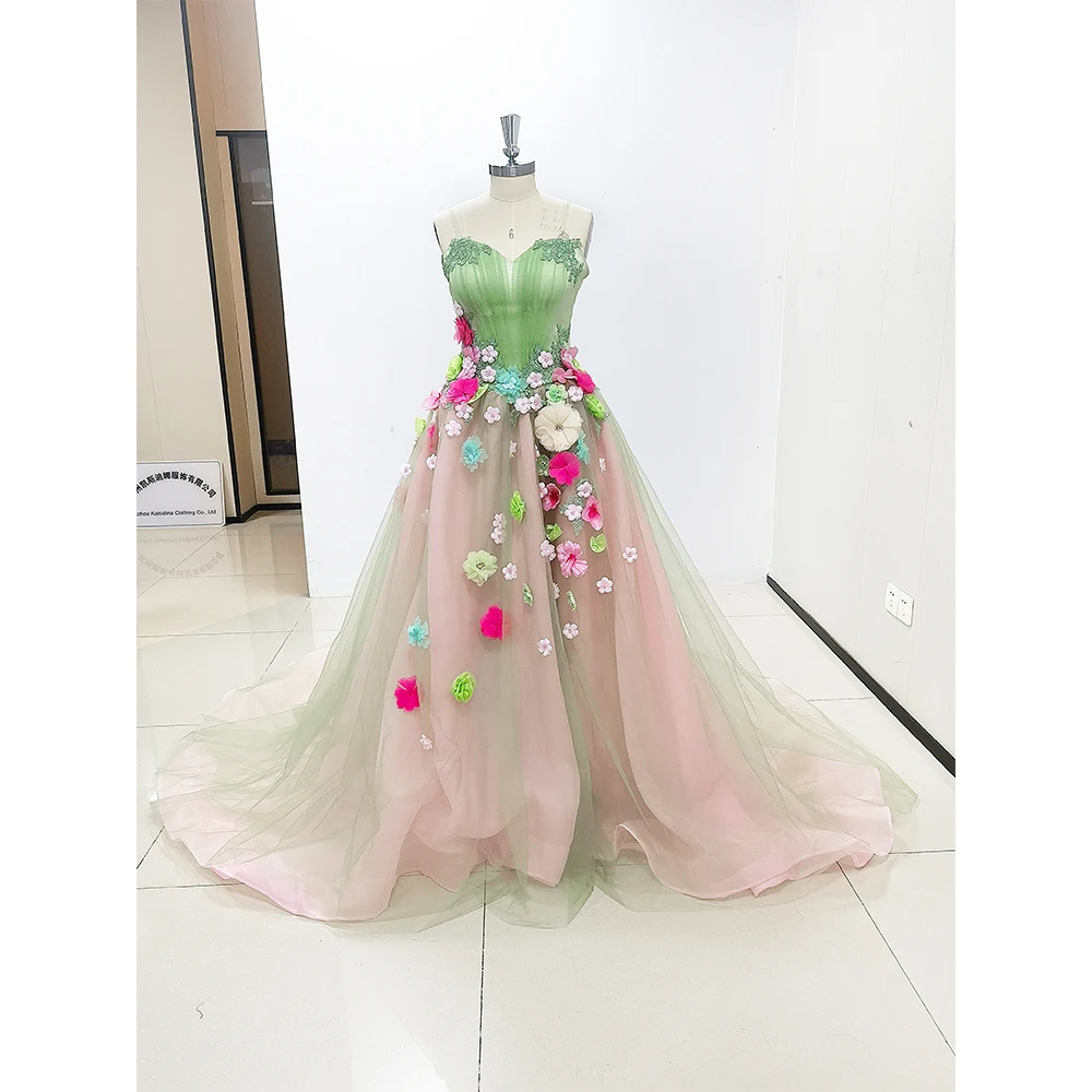 Formal Sweetheart green and pink appliques evening dress sleeveless Chapel Train Draped Prom Gown Elegant Women Long Dresses