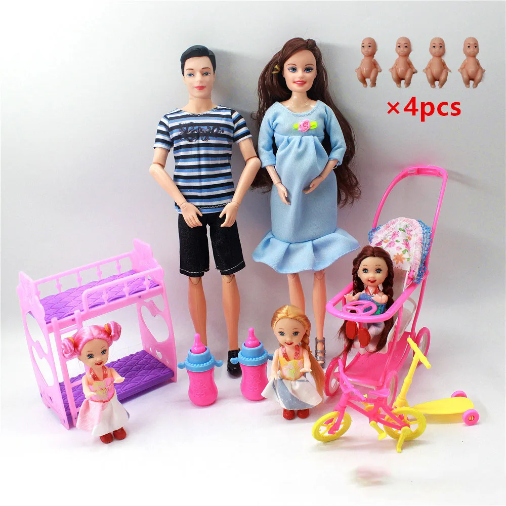 Family Couple Dolls Pregnant Mom Doll Stroller Bed Accessories Baby Girl Ken Playset Kids Pretand Play Toys Girls Gifts