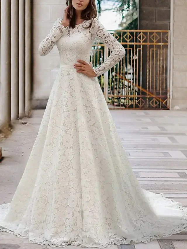 Romantic Wedding Dress Exquisite Big Lace Floor Length Sexy Illusion Full Sleeve Bridal Court Train A-Line Dresses For Women