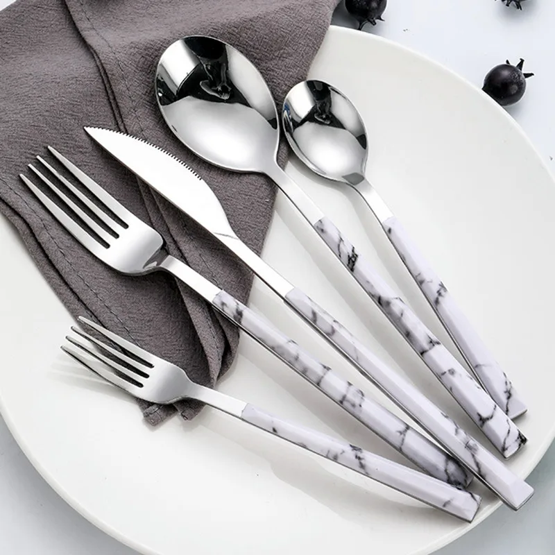 Stainless Steel Marble Silver Tableware Steak Knife Fork Dessert Spoon Western Dinnerware Kitchen Utensil