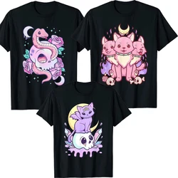 Kawaii Pastel Goth Cute Creepy Witchy Cat and Skull T-Shirt Cartoon Creepy-Skull Serpent Snake Roses Shirts 3 Headed Dog Clothes