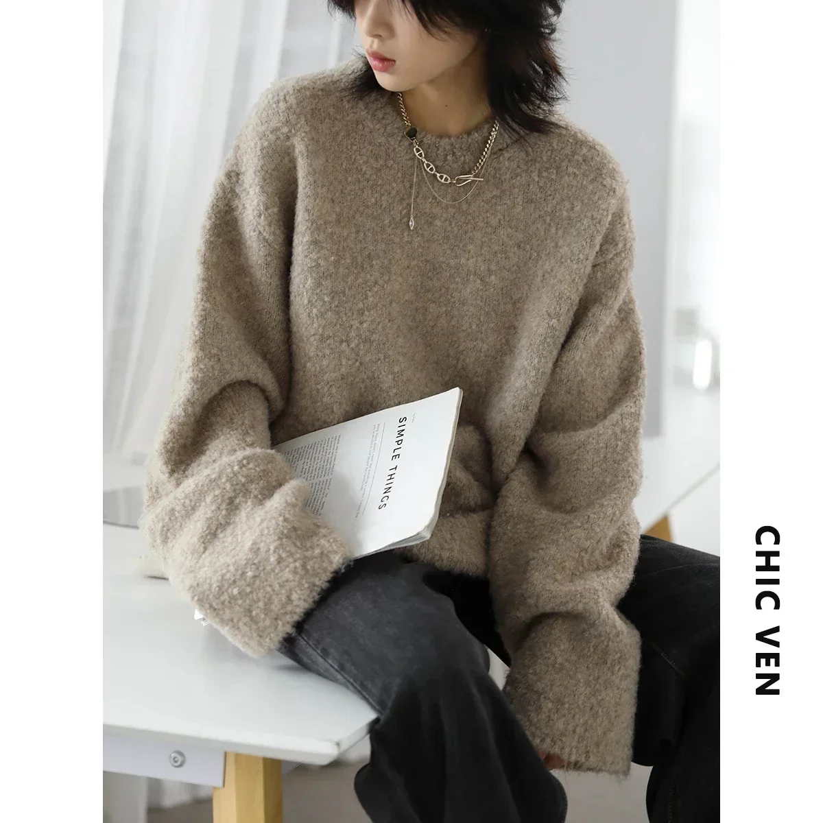 CHIC VEN Women\'s Sweaters Casual Neckline Hollow Loose Jumpers Knitwear Soft Warm Female Pullovers Autumn Winter 2024 Fashion