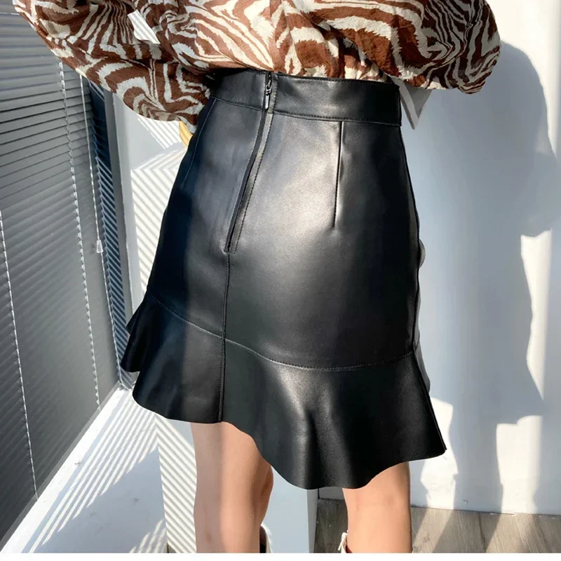 Mini  Leather Fishtail Skirt Women Femme Elegant Chic Real Lambskin Irregular Short Jupe Mujer High Waist RuffledFalda Corta
