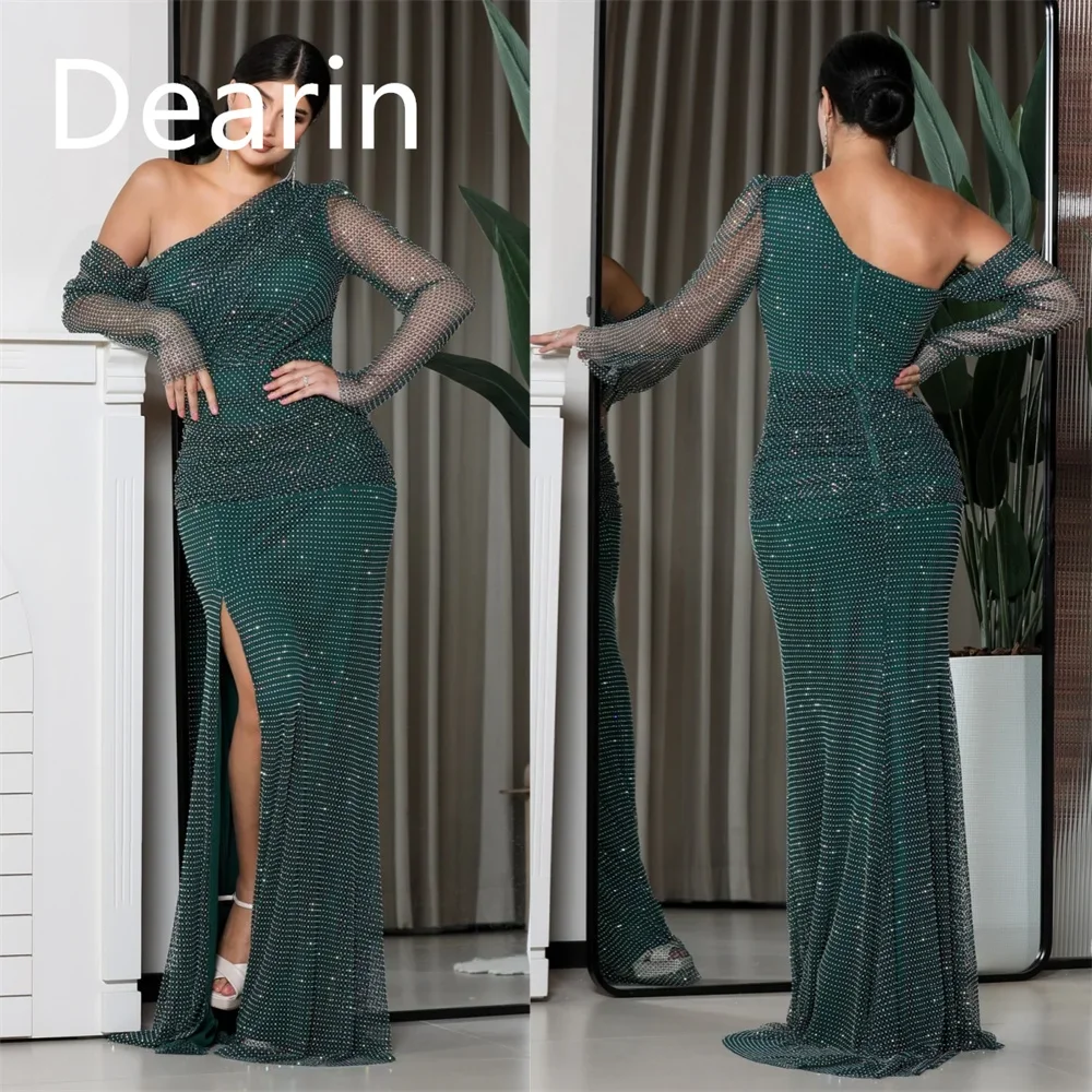 Customized Dearin One Shoulder Column Floor Length Tassel Sequin Bespoke Occasion Dresses