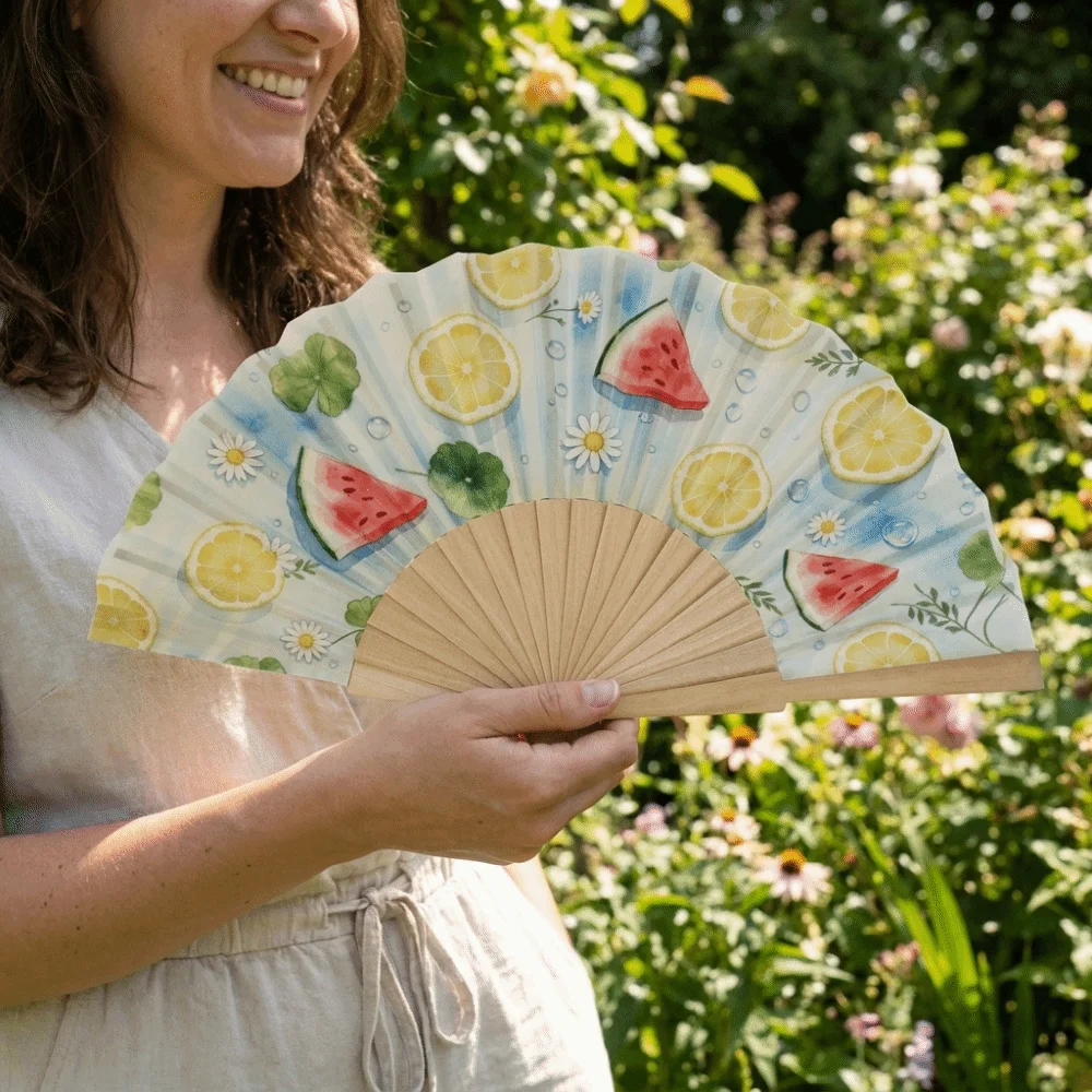 Fashion Wooden Handle Portable Folding Fan Fruits Pattern Handmade Hand Cranked Fan Decorative Dance Fan Photography Props