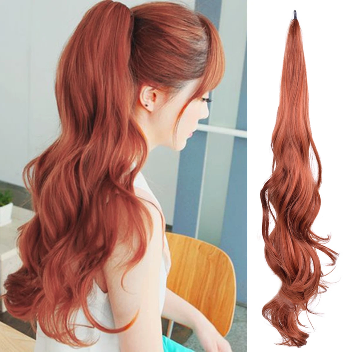 Synthetic Auburn Ponytail Extensions False Hair Tail for Women Layered Flexible Wrap Around Pony Tail 26inch For Women