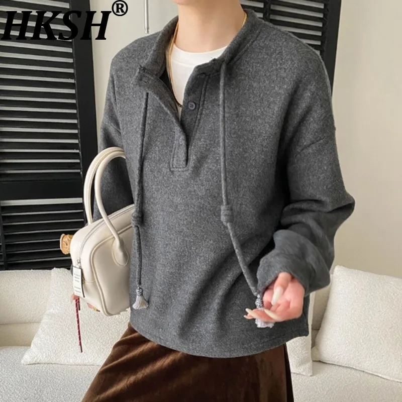 HKSH Autumn Winter New Women Thick Sweatshirt Drawstring Casual Buttoned Half Placket Round Collar Versatile Elegant Top HK17089