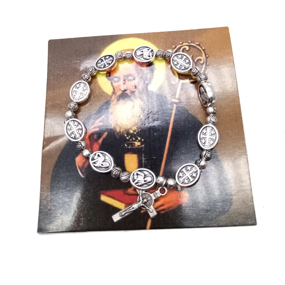 Pulsera de Rosario hecha a mano CR006, brazalete de Metal elástico, cuentas redondas de aleación de rosas, imágenes de los santos católicos, pulseras de oración