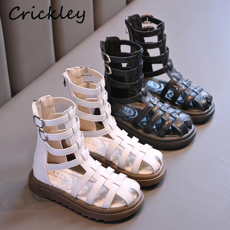 

New Solid Children Sandals Casual PU Leather Soft Sole Girls Summer Sandals Buckle Zip Anti Slip Kids Gladiator Shoes
