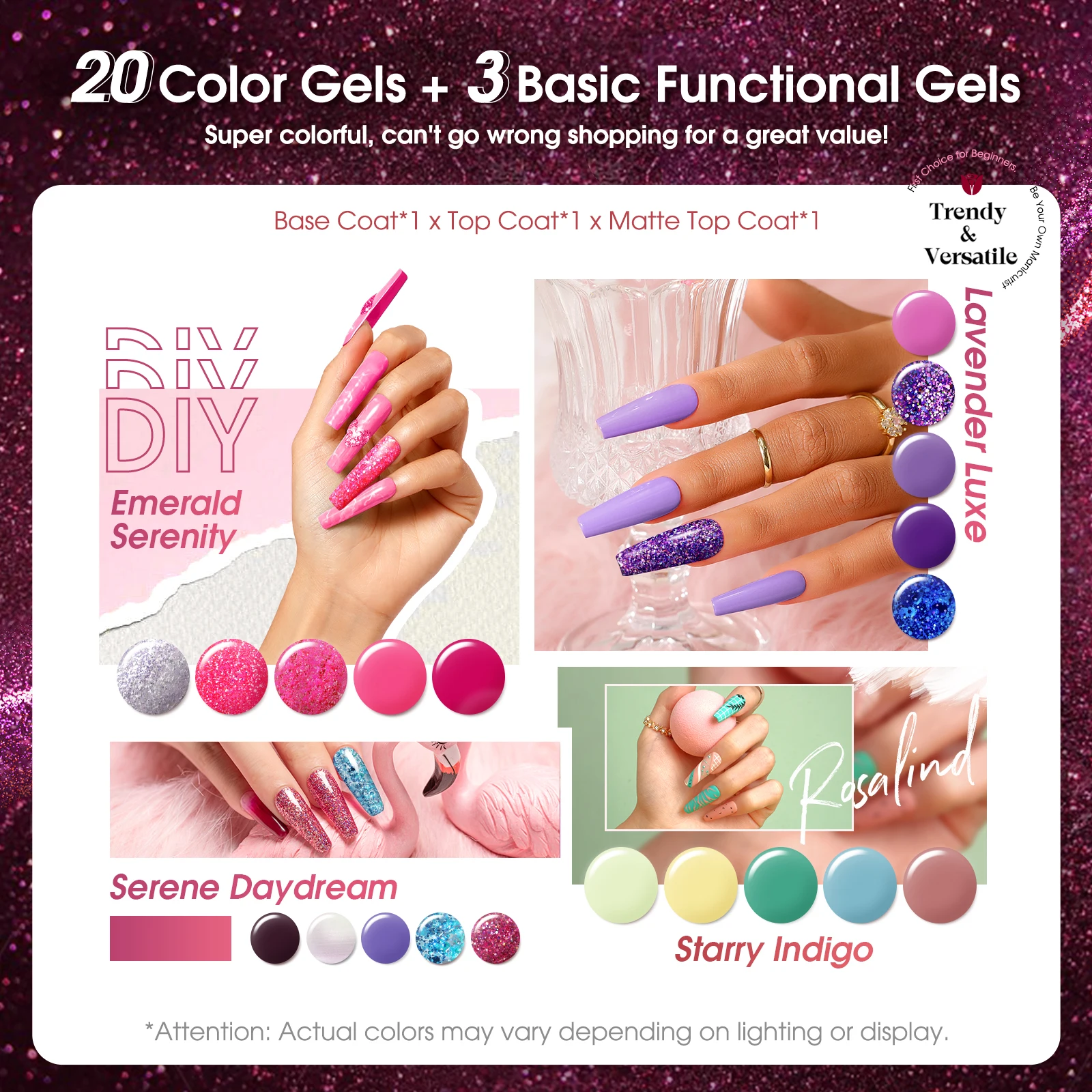 Rosalind 23PCS gel nagellak set gel kleur nagelglans boven- en onderkant coating gel nagelstrips met uv-licht led nagellamp.