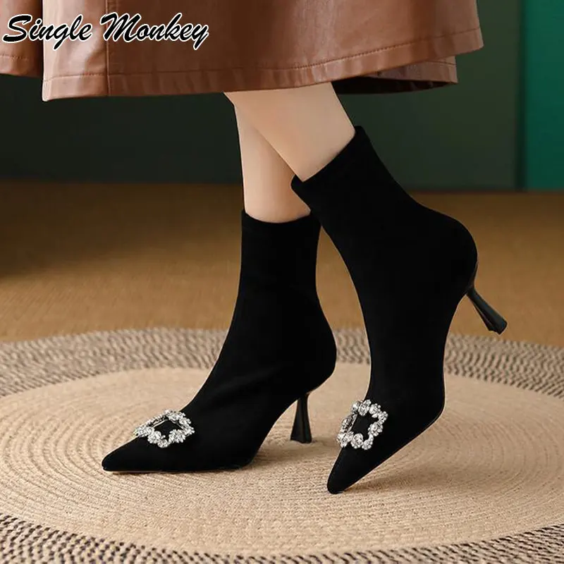 High Heels Crystal Suede Sexy Chelsea Boots Women Shoes 2024 Winter New Designer Fashion Ankle Boots Party Dress Ladies Zapatos