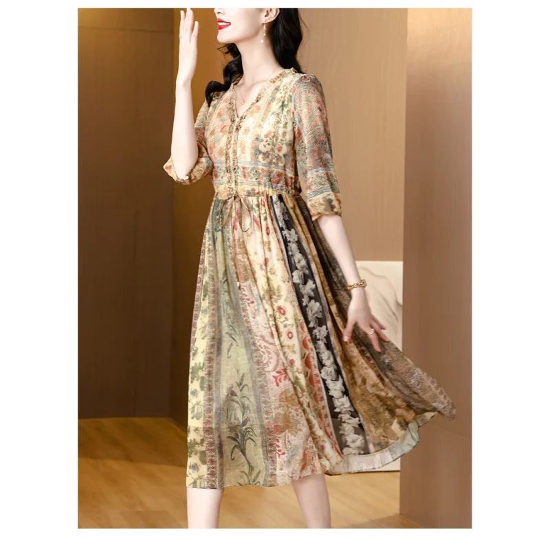 Silk Dress Women Spring Summer 2024 New High-end Printing Slim Long Dress Plus Size Elegant Tight Party Vestidos
