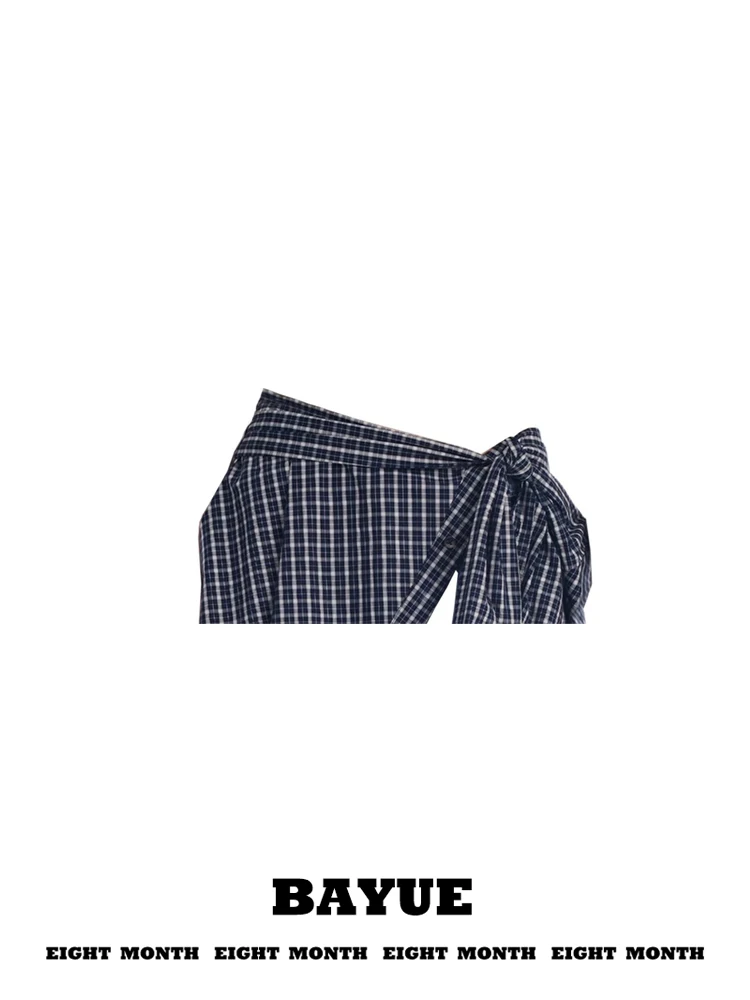 Blue Plaid Butt Curtain Layered High Waist A-Line  Skirt with Belt Regular Fit Spring 2026 Ladies High Waist Skirt