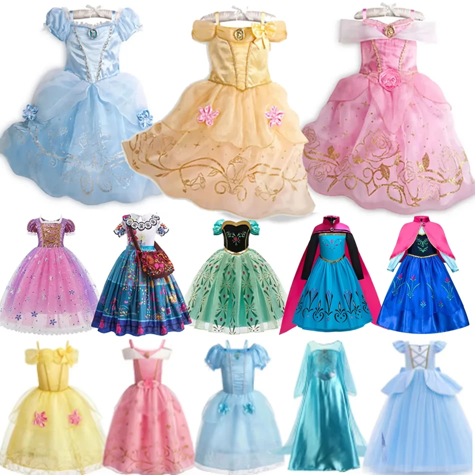 

Disney Kids Princess Costume Elsa Anna Halloween Dress Girl Jasmine Moana Dinner Dress Rapunzel Mermaid Pageant Disguise 3-10Y