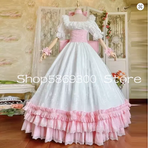 Victoriaanse roze witte trouwjurken met strik kant vierkante gelaagde ruches mouw Lolita bruidsjurk Rococo op maat