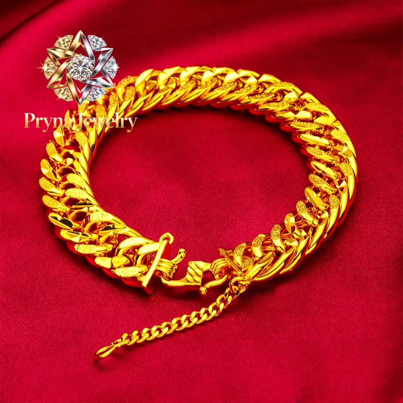 Pryna Jewelry  24K Gold Engine-Turned Bracelet AU999 Pure Gold, 3D engine-turned patterns, rugged chain, exudes masculinity and