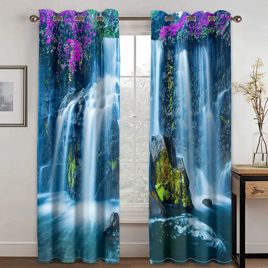 3D Digital Forest Tree Waterfall Landscape Curtains, Home Decor, Nature Scenery, Curtain Hook, Living Room, Bedroom