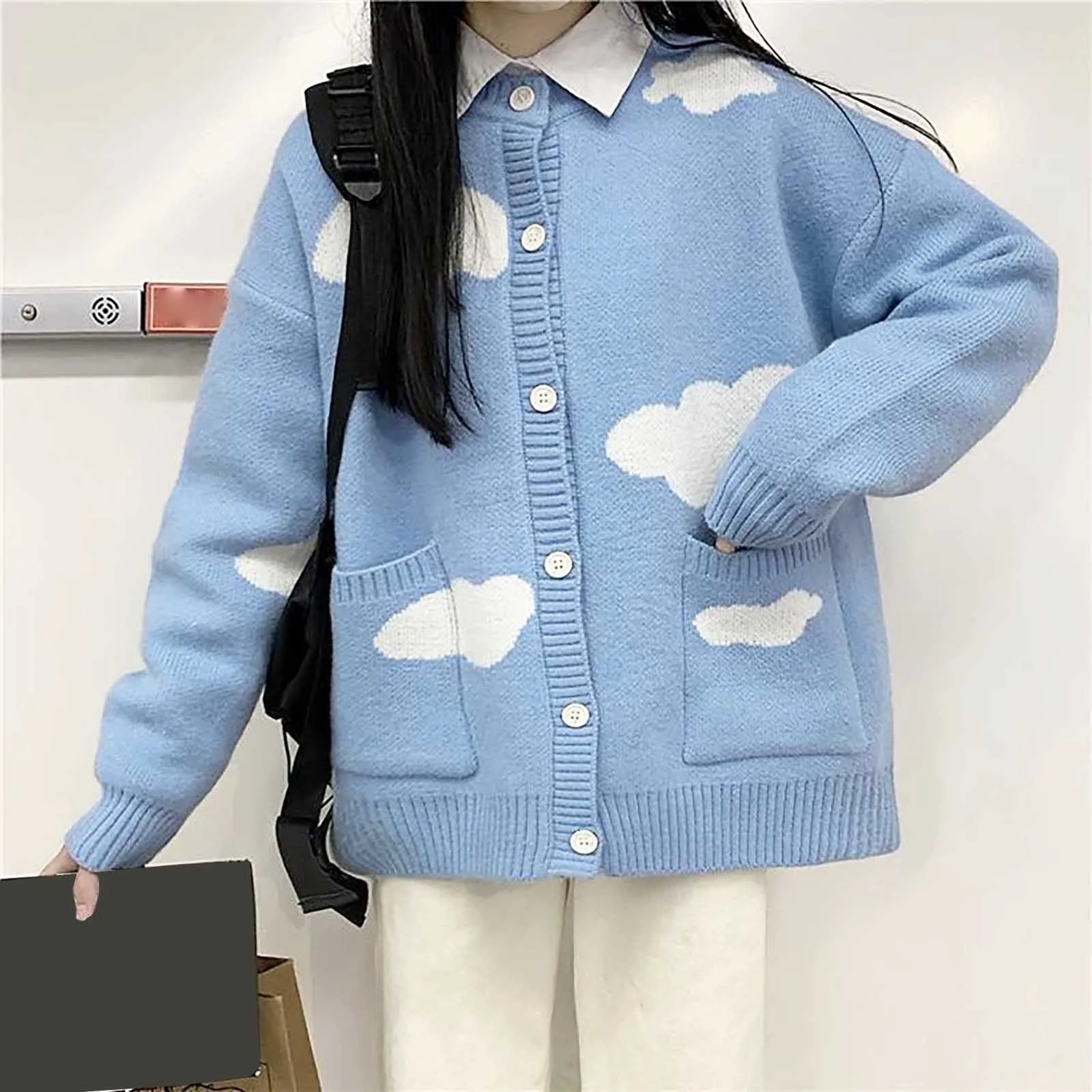 Women's Button Round Neck Cardigan Korean Cloud Printed Knitted Sweater Slouchy Style Round Neck with Pockets Sweater Jacket