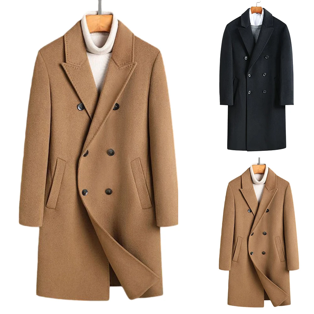 

Men Extra Long Woolen Coat Double Breasted Thick Lapel Jacket Business Casual Outerwear for Spring Autumn Winter