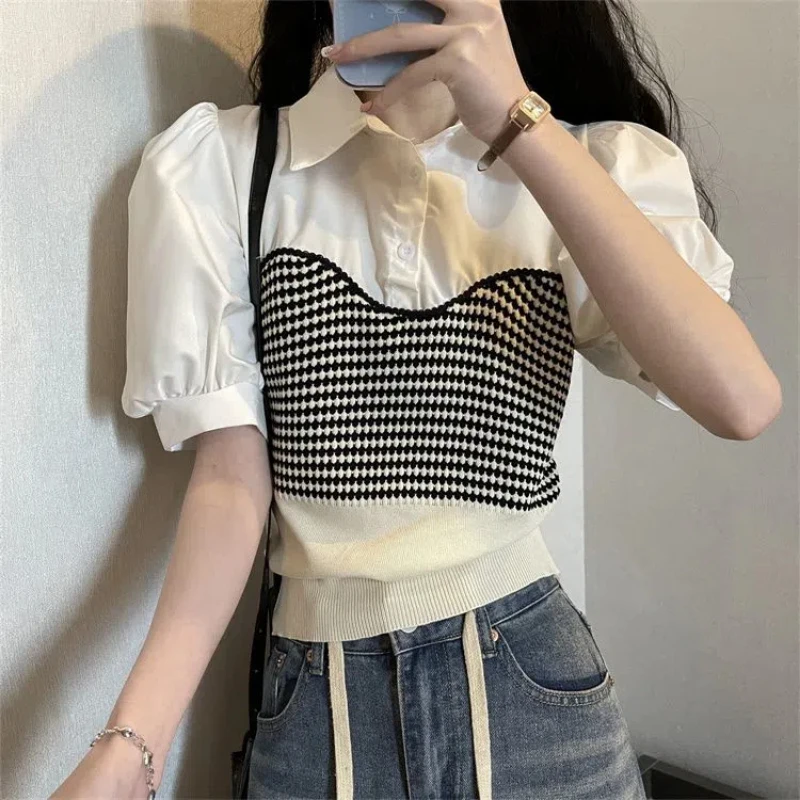 Summer New Youthful Girl Fake Two-piece Outfit Top Color College Sweet Puff Sleeve Shirts Short Tops Korean Trend Women Clothing