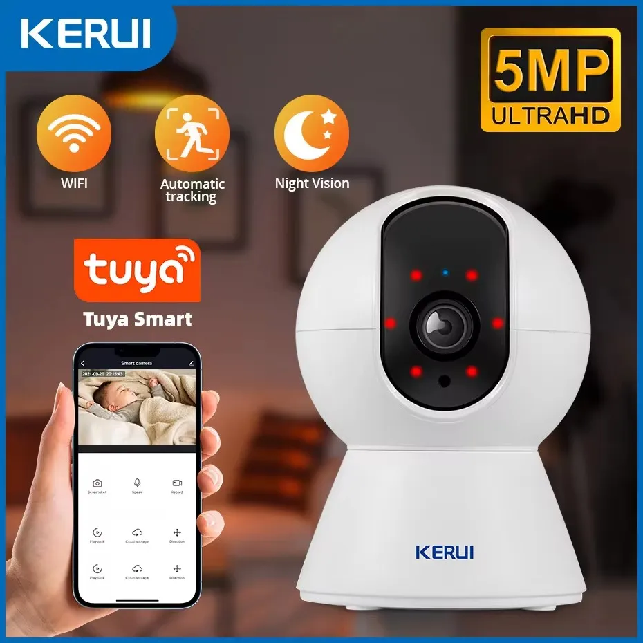 KERUI 5MP Tuya Smart Mini Wi-Fi IP-камера Крытая беспроводная домашняя безопасность AI Обнаружение человека CCTV Камера наблюдения Автоматическое отслеживание