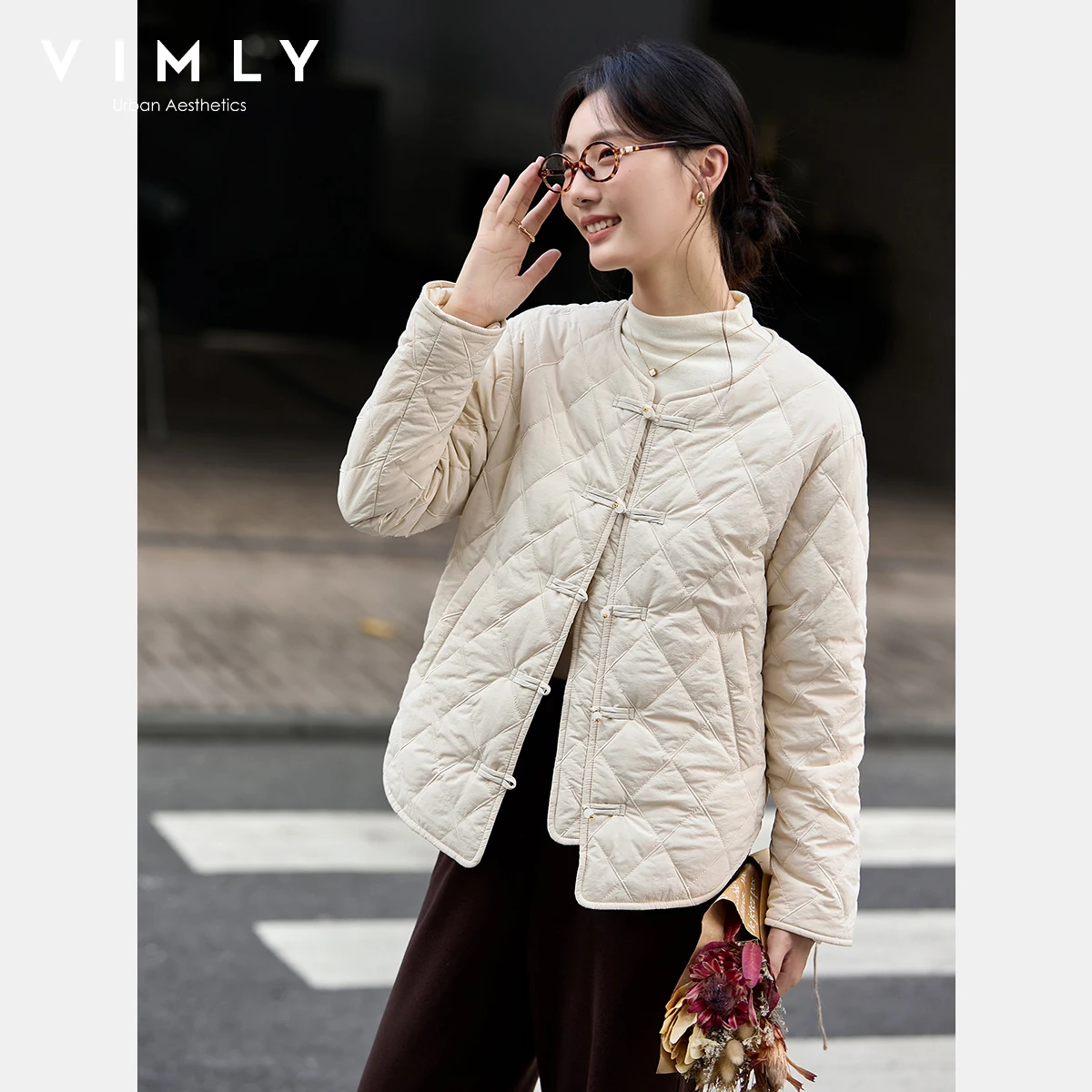 

VIMLY Women's Winter Padded Jacket 2025 Workwear Apricot Round Neck Long Sleeves Parkas Diamond Quilted Button Lady Coats A2858