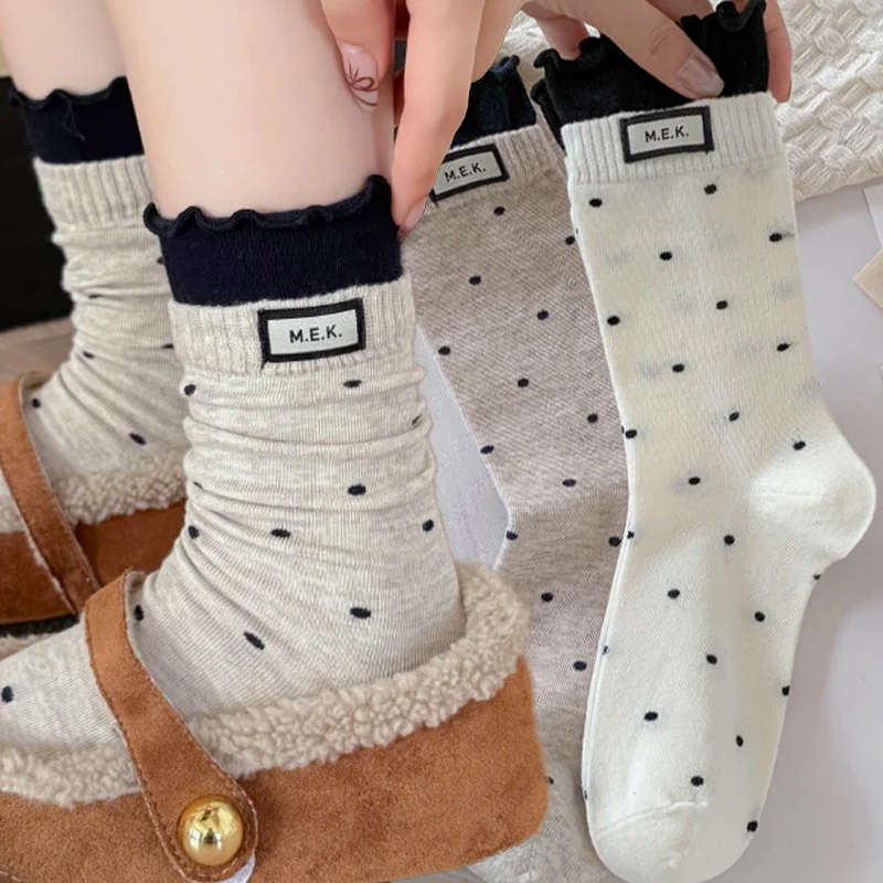 

Cute Dots Ruffle Crew Socks Women Fashion Long Tube Cotton Socks Breathable Soft Comfortable Sock Japanese Kawaii Casual Socks