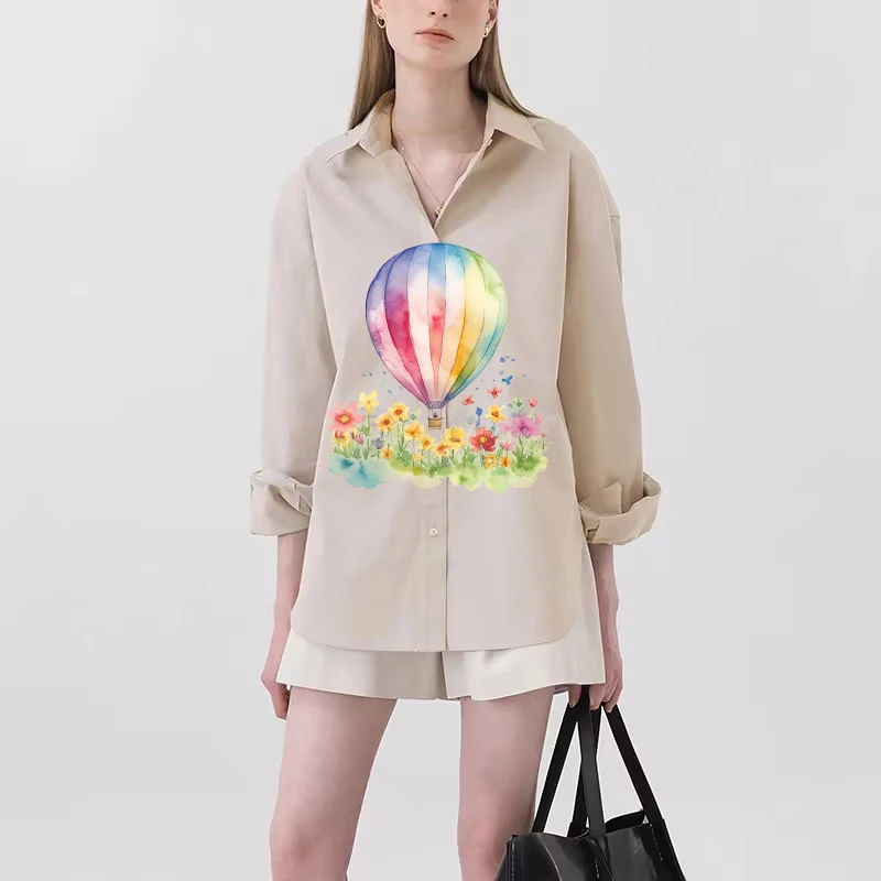 Colorful Balloon Shirt With Long Sleeves And Colorful Hot Air Balloon Print Perfectly Matched With Button Design Work Daily