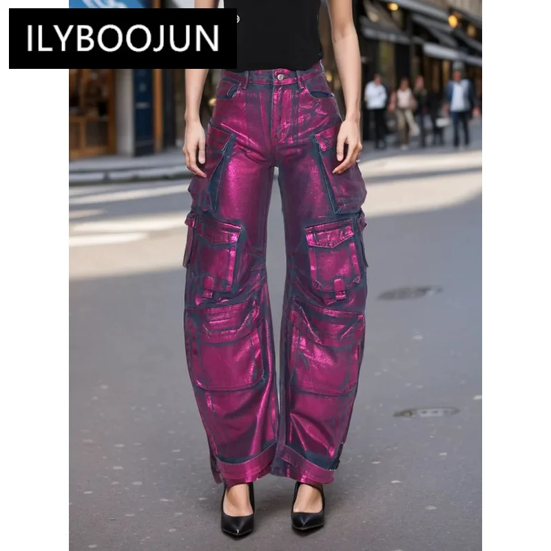 

ILYBOOJUN Solid Spliced Pockets Casual Pants For Women High Waist Patchwork Button Streetwear Trousers Female Fashion Style