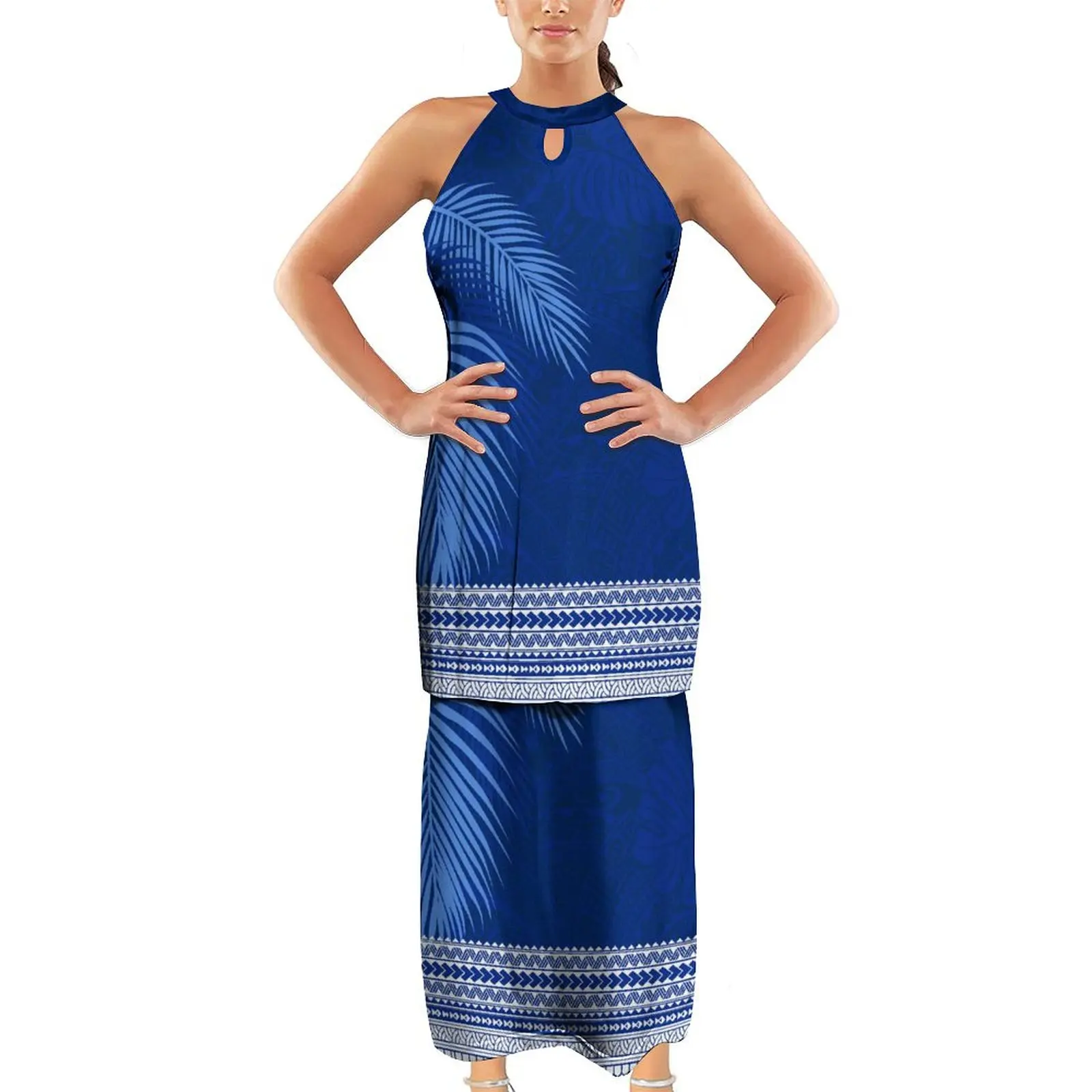 Fidschi Insel Puletasi polynesischen Stamm Blumen benutzer definierte Samoa Club Frauen kleid Doppel anzug Kleid Sommer ärmellose Nacken bügel Design