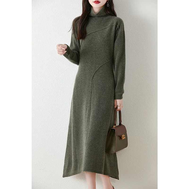 

Winter Women Dresses Soft Warm 100% Australian Wool Knitwears Mid-Carf Ladies Turtleneck A-line Dress 6Colors Free Ship