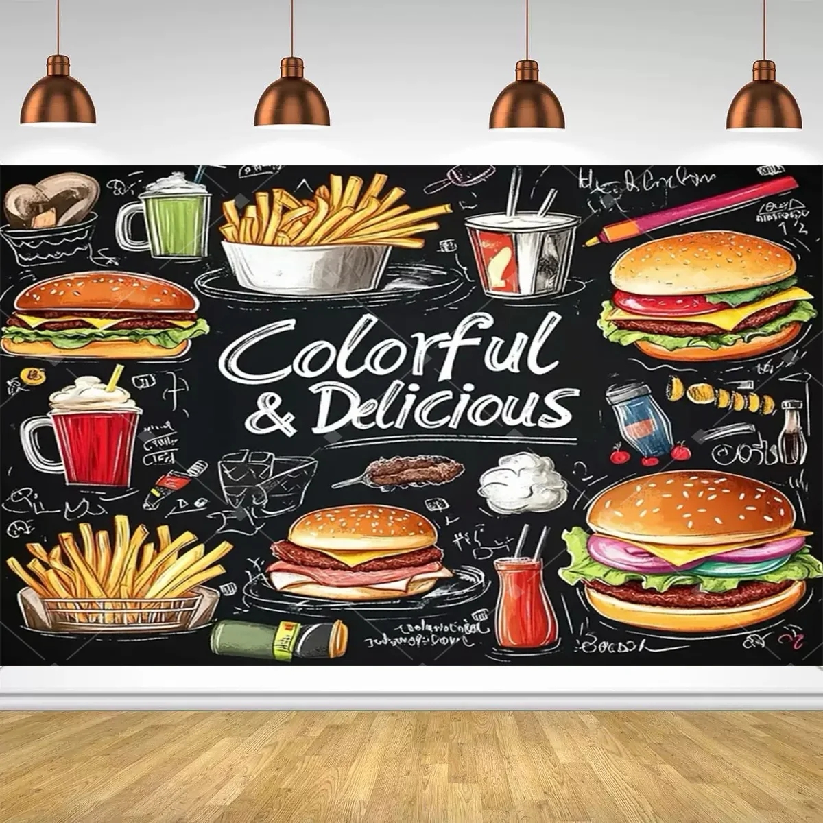 Fast Food Hamburger French Fries  Graffiti Style Photo Backdrop Kids Birthday Party Supplies  Restaurant Booth Decoration Banner view 2