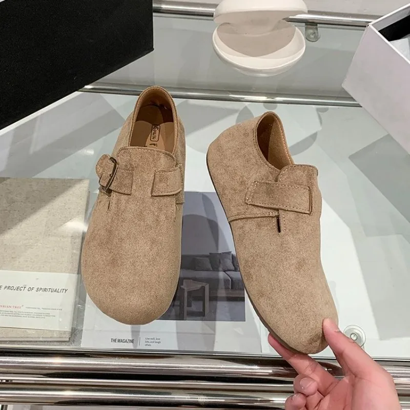 Women Round Toe Suede Birken Style Shoes, Metal Buckle Slip On Soft Sole Casual Flat Loafers for Spring Autumn