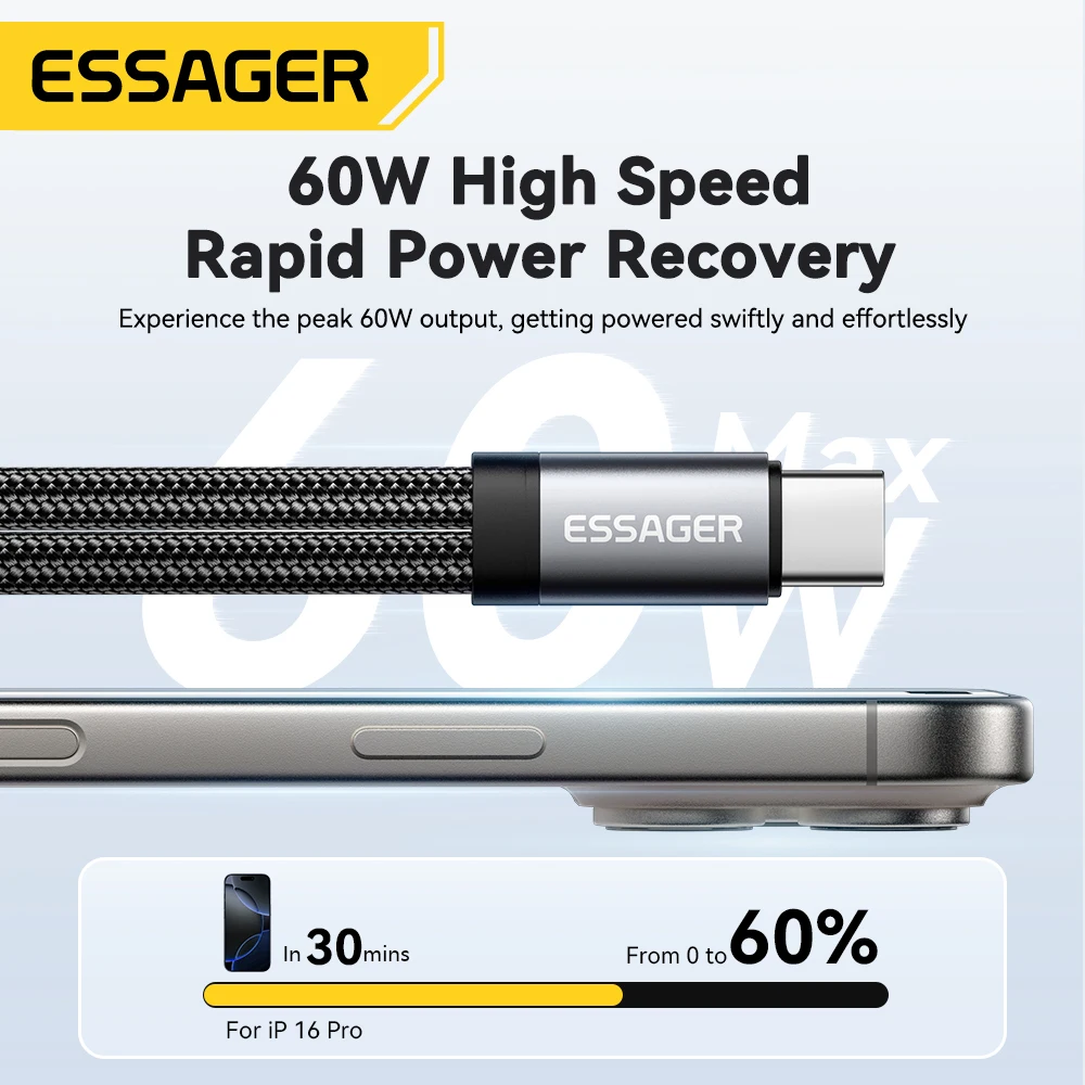 ESSAGER 2 w 1 Adapter audio typu C Ładowarka PD 60W Szybkie ładowanie z kontrolą linii 3,5 mm dla iPhone'a Android Phone Tablet PC — zdjęcie produktu 3