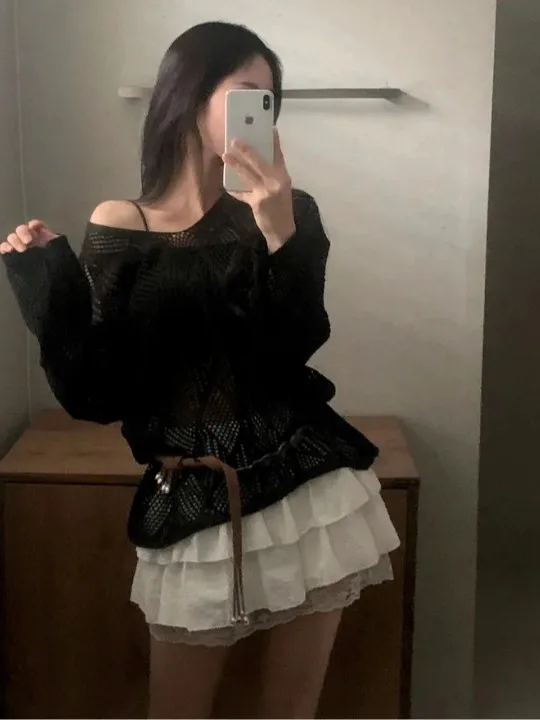 เสื้อคลุมไหมพรมถักแบบเปิดไหล่ สไตล์เกาหลี สีขาว สำหรับผู้หญิง ใส่คลุมกันแดด ทรงหลวม ใส่สบาย เหมาะกับฤดูร้อน แขนยาว บางเบา